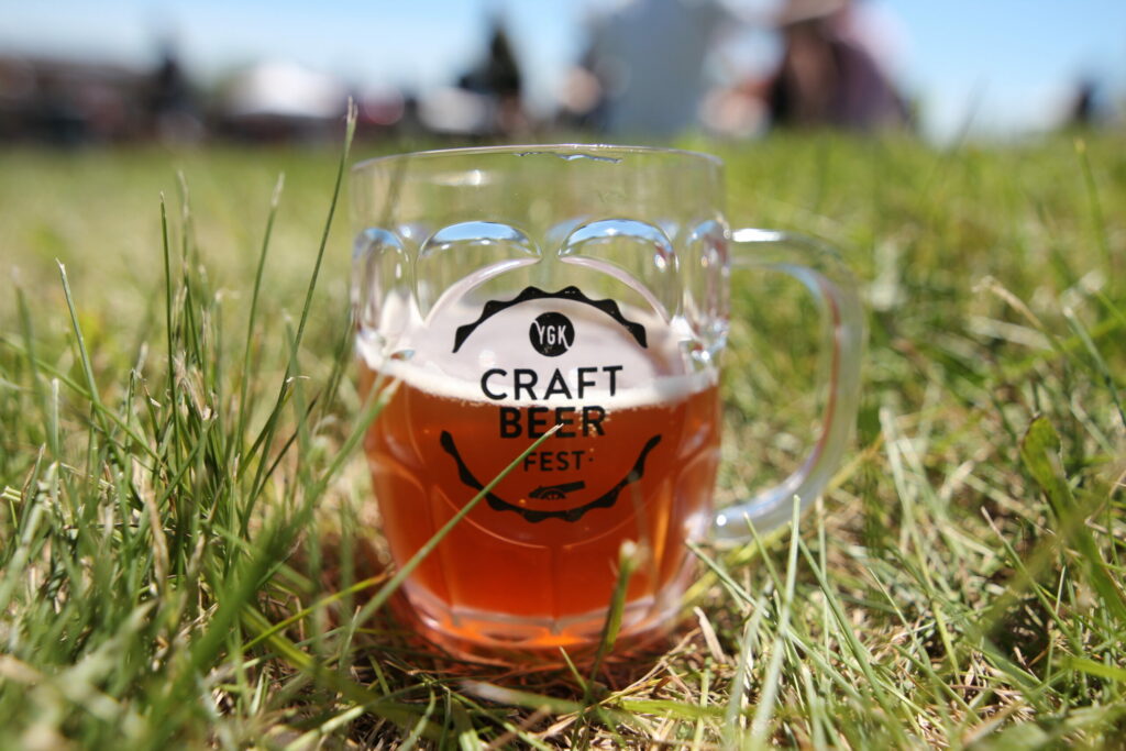 YGK Craft Beer Fest plastic cup with beer laying on grass